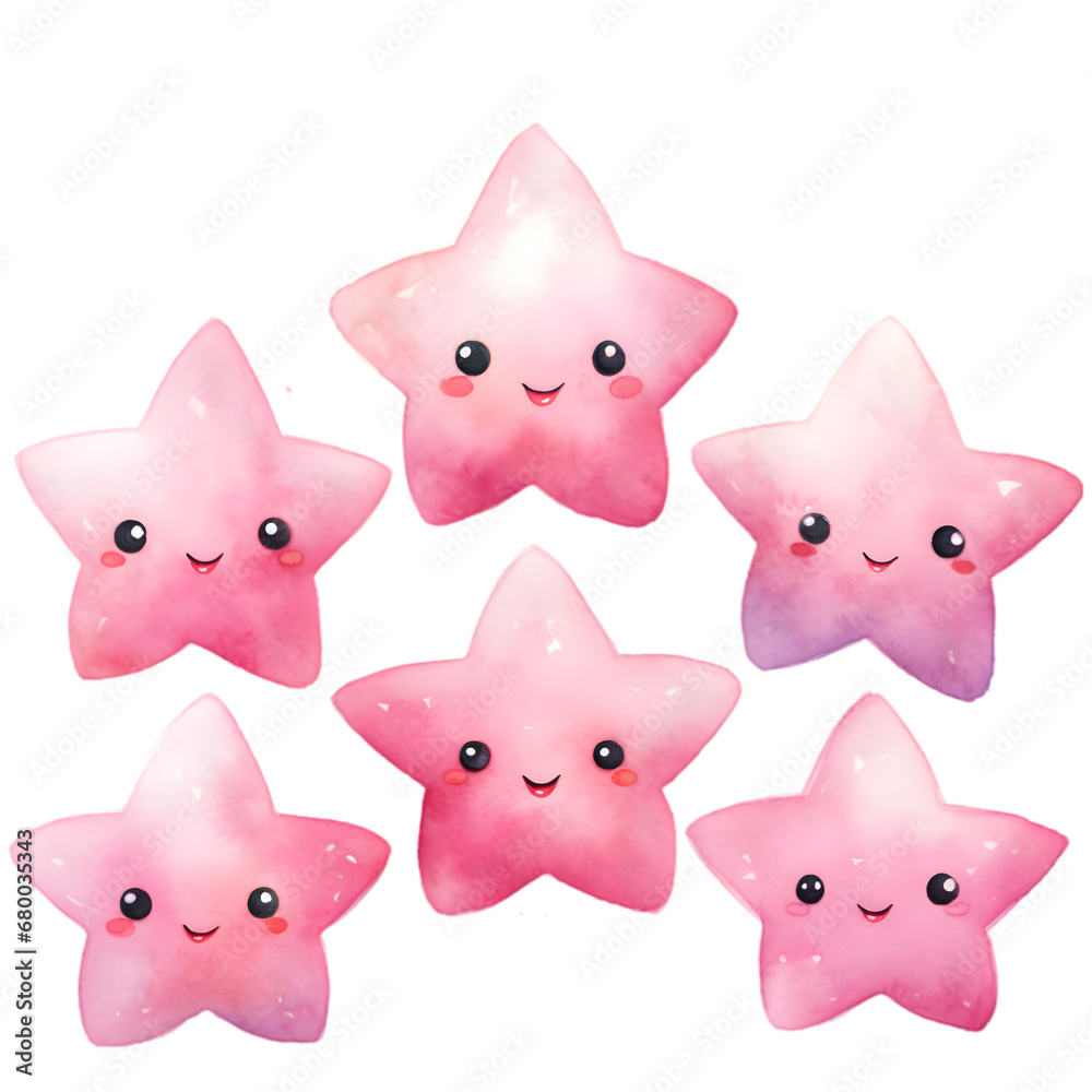 Watercolor illustration of cute kawaii pastel pink stars. Creative graphics design. 
