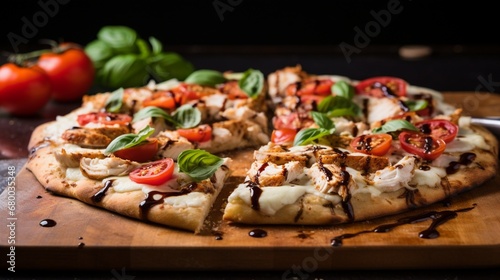 Fresh and vibrant Chicken Caprese Pizza, featuring tomatoes, mozzarella, and basil