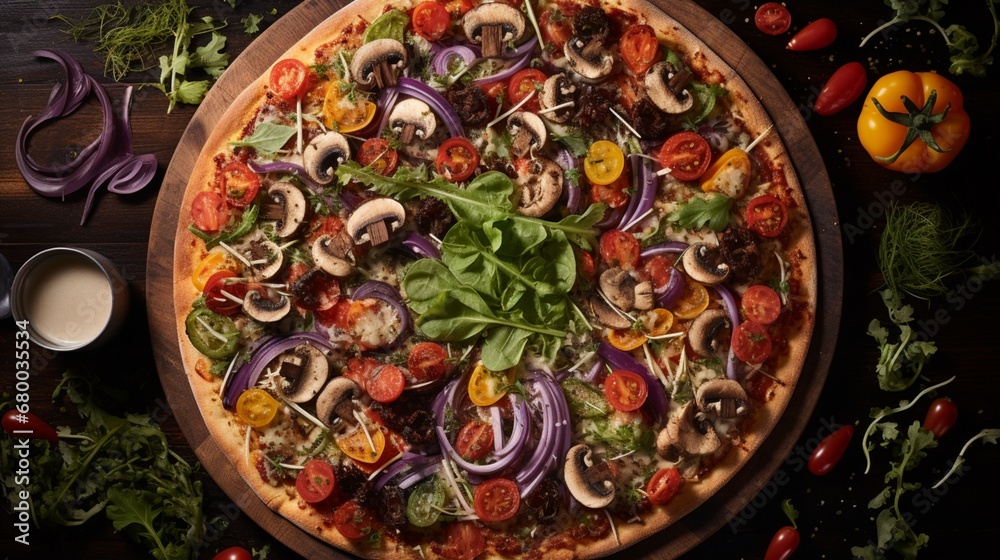 Get lost in the savory details of a California Veggie Pizza, where the freshness of ingredients is captured in every pixel.