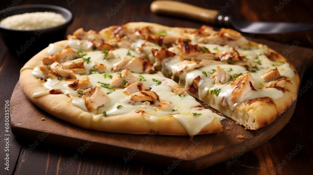 Gourmet Chicken and Provolone White Pizza, focusing on the creamy melt of provolone cheese