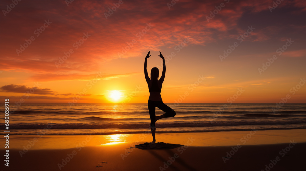 Silhouette young woman practicing yoga on the beach at sunset. Meditation.