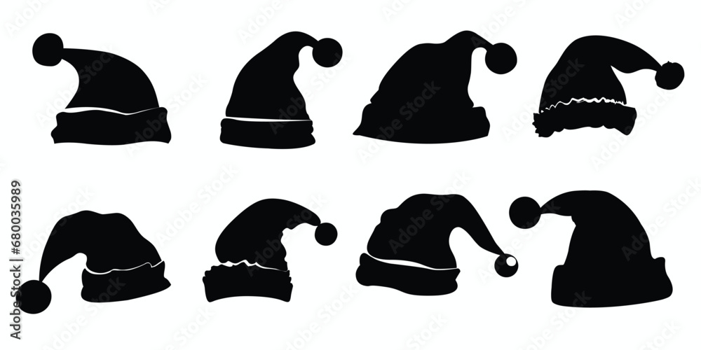 Santa hat silhouettes. Black and white Santa hats. Vector illustration Santa hat silhouettes. Black and white Santa hats. Vector illustration