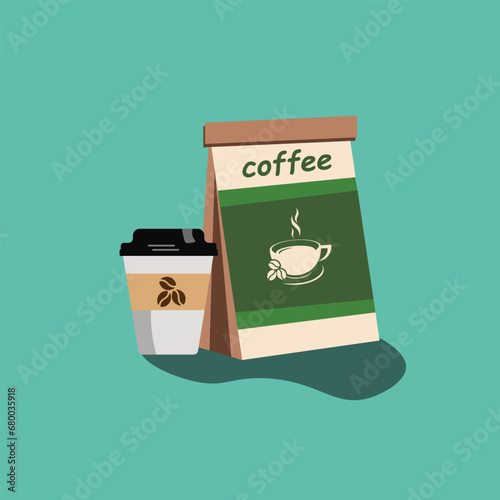Disposable coffee cup and paper packaging vector illustration. Disposable kraft brown paper coffee and tea cup vector clipart.