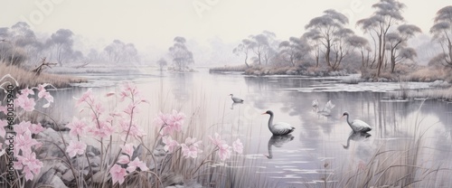 many white swans on winter lake