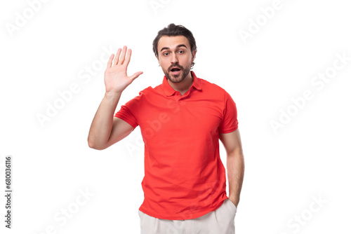 young confused man with black hair and beard dressed in a red t-shirt with an identity mockup on a white background with copy space