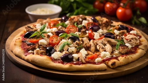 Mediterranean Chicken Olive Pizza featuring Kalamata olives, cherry tomatoes, and feta