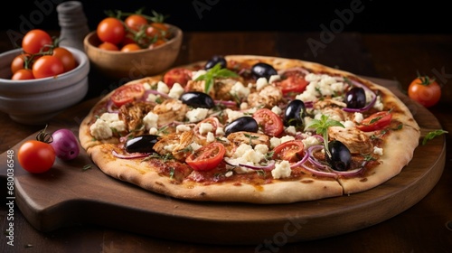 Mediterranean Chicken Olive Pizza featuring Kalamata olives, cherry tomatoes, and feta