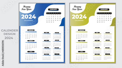 2024 Calendar Planner Template, Vector layout of a wall or desk simple calendar with week start Monday. photo