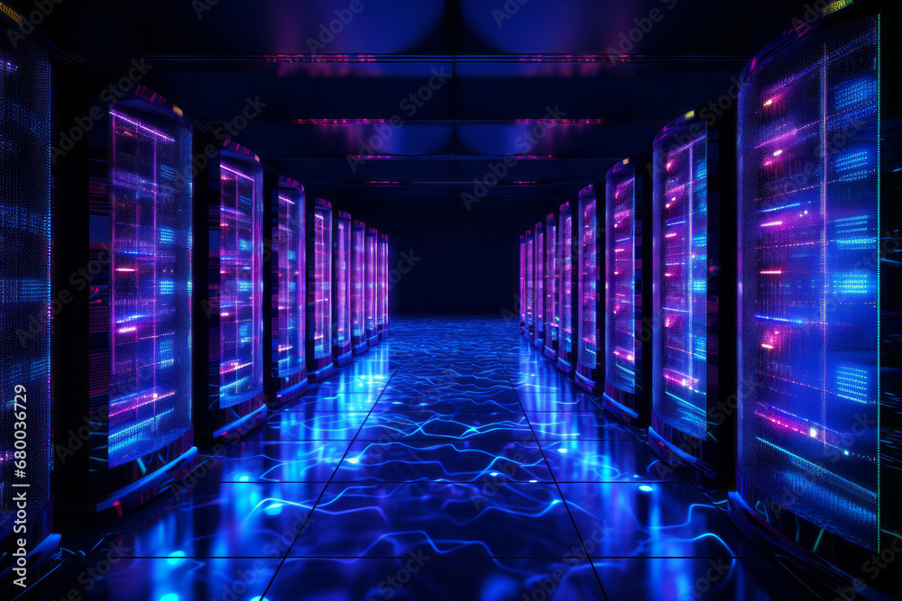 Corridor of a data storage facility with the glow of blue and purple LED lights between the high speed computing servers. Internet and cloud services concept - obrazy, fototapety, plakaty 