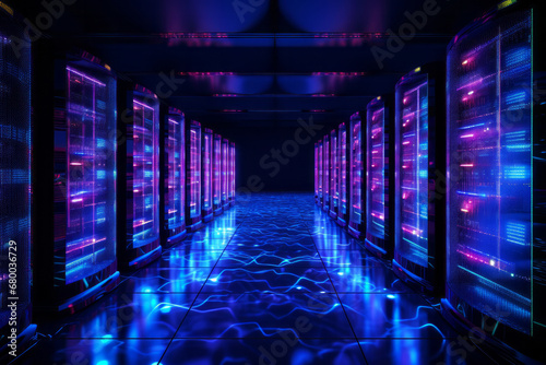 Corridor of a data storage facility with the glow of blue and purple LED lights between the high speed computing servers. Internet and cloud services concept
