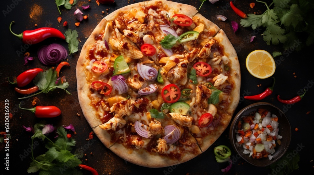 Overhead shot of a Thai Chicken Pizza surrounded by Thai-inspired ingredients, creating a visually thematic image.