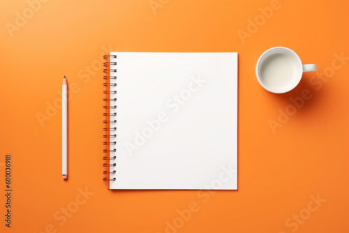 Blank notepad white pencil and cup of milk coffee latte on minimal orange background overhead view. Office stationary concept photo