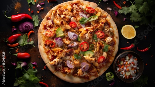 Overhead shot of a Thai Chicken Pizza surrounded by Thai-inspired ingredients, creating a visually thematic image.