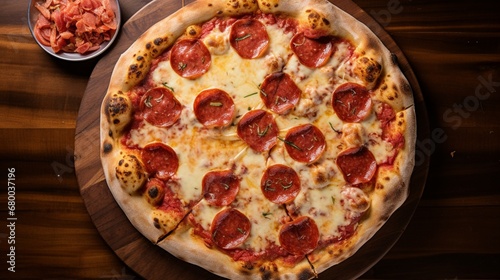 Overhead Shot of Neapolitan Pizza, showcasing the Artistry of Melted Cheese and Pepperoni