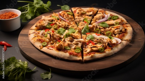 Overhead shot of Thai Chicken Pizza served on a trendy slate board, emphasizing its gourmet presentation.