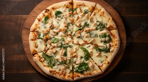 Overhead view of a gourmet Chicken Alfredo Pizza with creamy white sauce and spinach