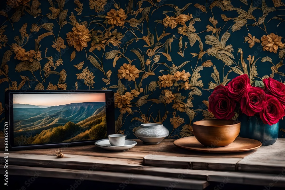 still life with tea and flowers