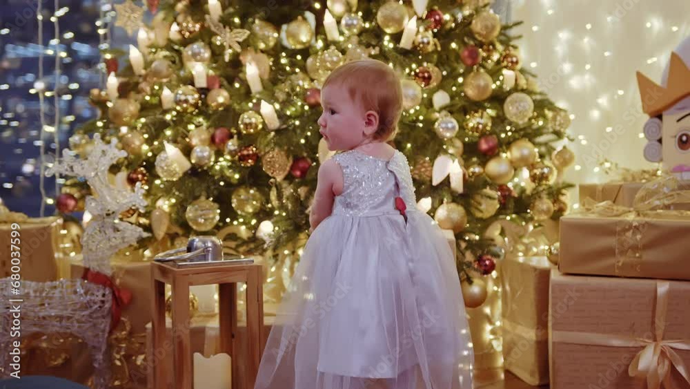 Portrait of a baby infront of Christmas tree playing with a New Year's toy