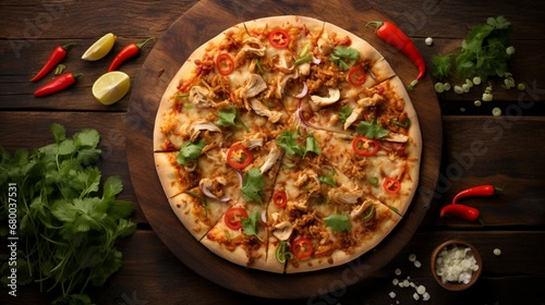 Overhead view of a Thai Chicken Pizza on a rustic wooden table, creating a warm and inviting atmosphere.