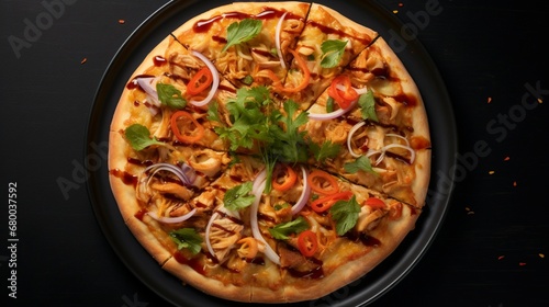 Overhead view of a Thai Chicken Pizza on a black background, emphasizing its vibrant and appetizing appearance.