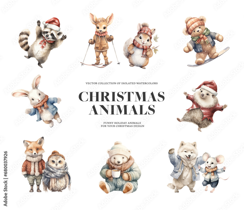 Watercolor Christmas and New Year set with cute animals in winter clothes