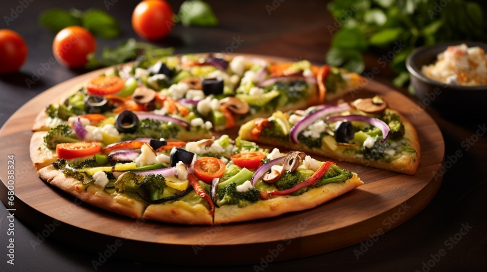 Savor the vibrant medley of fresh veggies on a California Veggie Pizza, each slice a palette of colors and flavors.