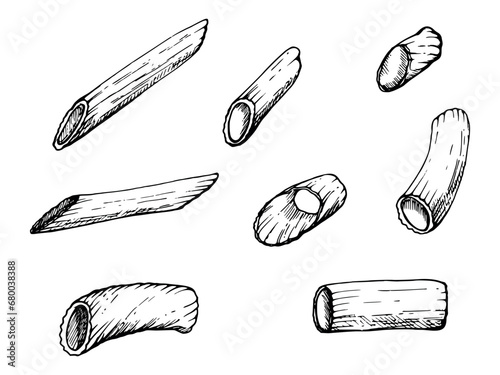 Hand drawn vector ink illustration. Pasta Italian cuisine penne rigatoni traditional dish. Set of single object elements isolated on white. For restaurant, menu, food shop and package, flyer, print.