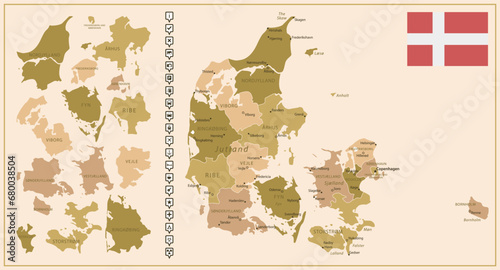 Denmark - detailed map of the country in brown colors, divided into regions.