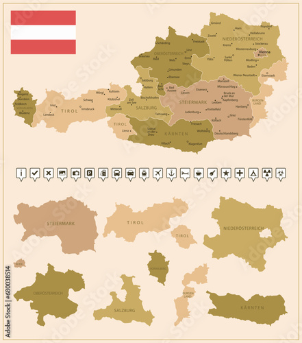 Austria - detailed map of the country in brown colors, divided into regions.