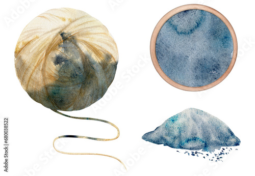 Hand drawn watercolor indigo coloring natural plant dye and materials for hobby, handmade fabric. Illustration isolated composition, white background. Shop logo, print, website, business card, booklet photo