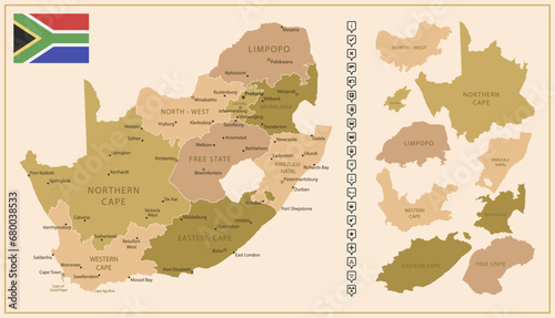 South Africa - detailed map of the country in brown colors, divided into regions. photo