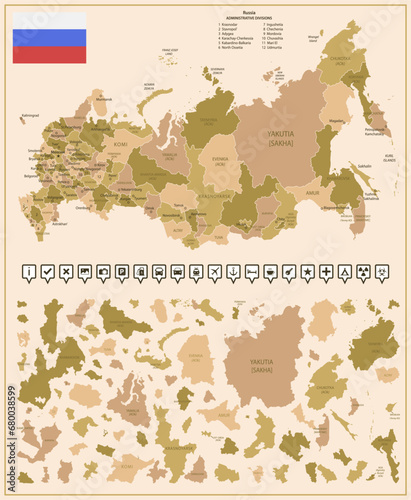 Russia - detailed map of the country in brown colors, divided into regions.