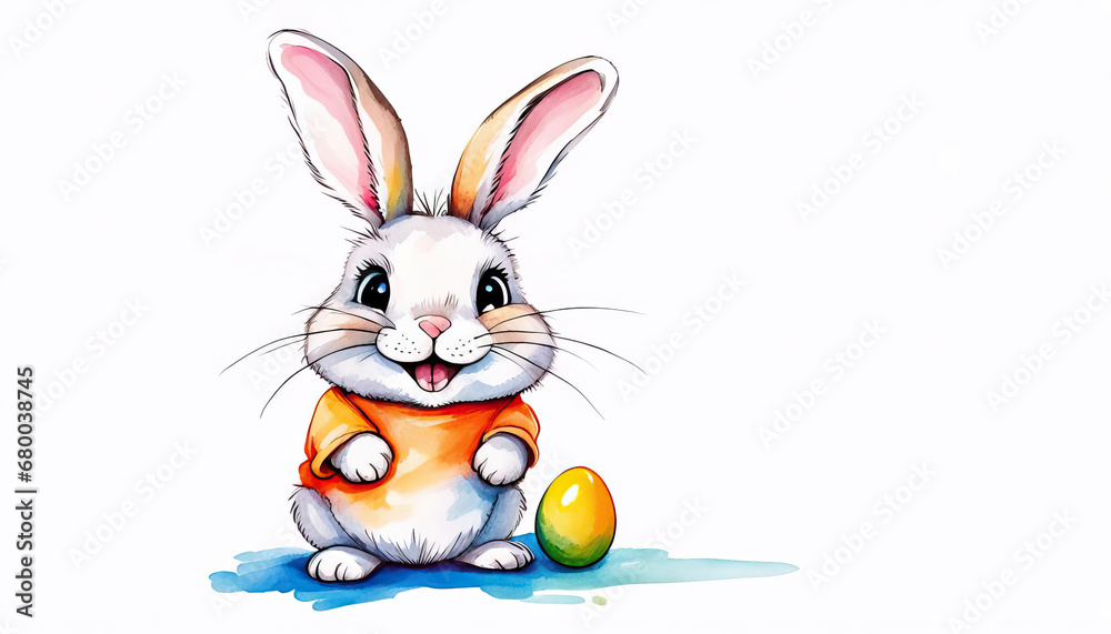 Obraz premium Cute easter bunny with egg isolated on white with copy space