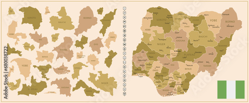 Nigeria - detailed map of the country in brown colors, divided into regions.