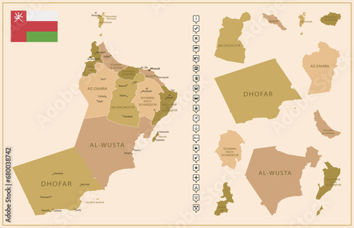 Oman - detailed map of the country in brown colors, divided into regions.