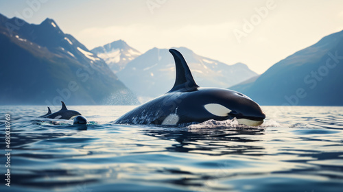Orcas or killer whales in Norwegian fjord hunting
