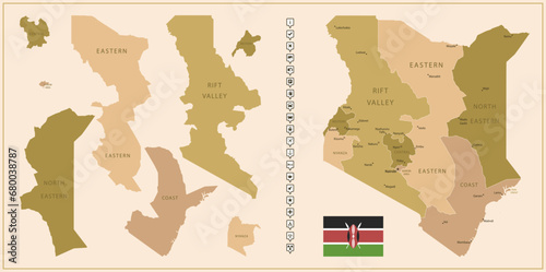 Kenya - detailed map of the country in brown colors, divided into regions.