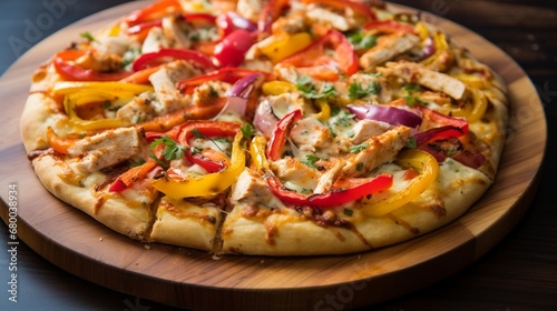 Succulent Chicken Pizza with a medley of colorful bell peppers and onions
