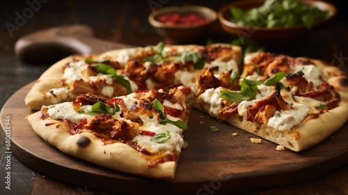 Sun-Dried Tomato and Goat Cheese Chicken Pizza, emphasizing the creamy goat cheese