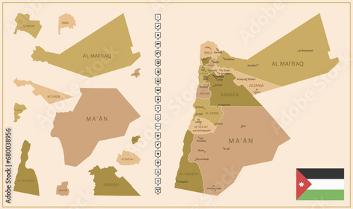 Jordan - detailed map of the country in brown colors, divided into regions.