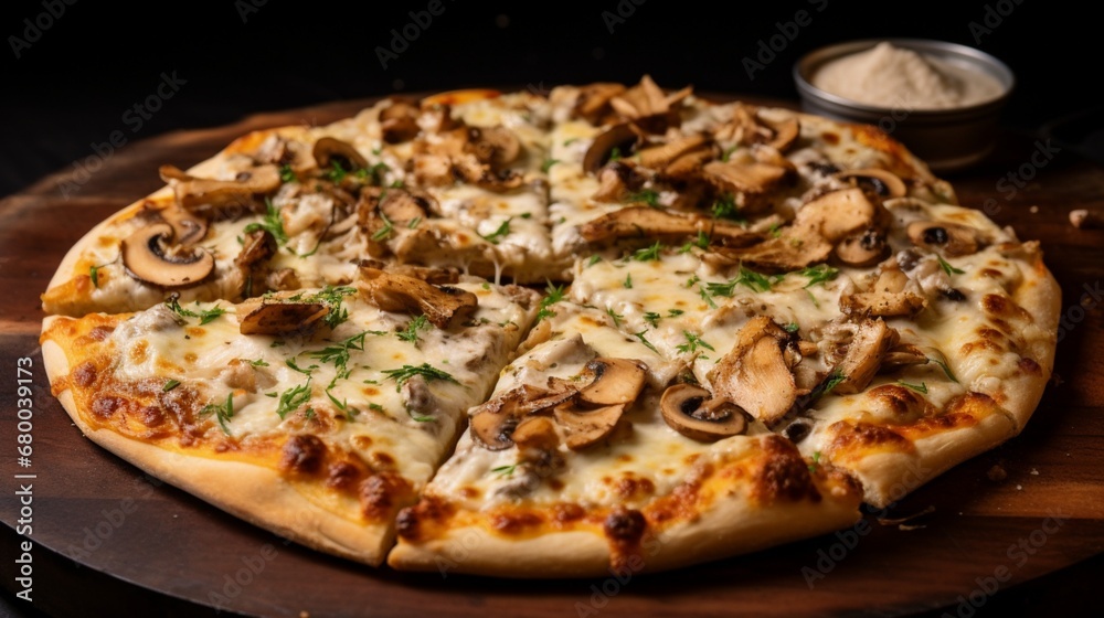 Supreme Chicken and Mushroom Alfredo Pizza, focusing on the rich alfredo sauce