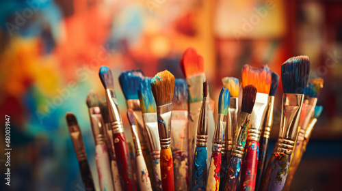Paint brushes in art studio