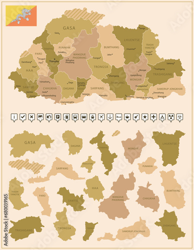Bhutan - detailed map of the country in brown colors, divided into regions.