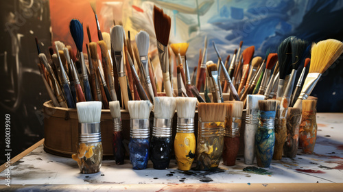 Paint brushes in art studio