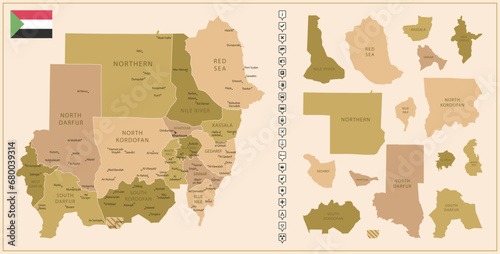 Sudan - detailed map of the country in brown colors, divided into regions.