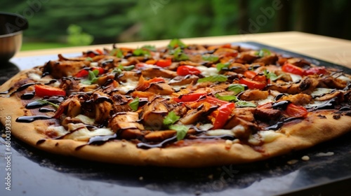 Tangy Balsamic Chicken and Roasted Red Pepper Pizza, highlighting balsamic reduction