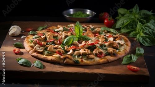 Thai Basil Chicken and Cashew Pizza, capturing the essence of Thai flavors with basil and cashews
