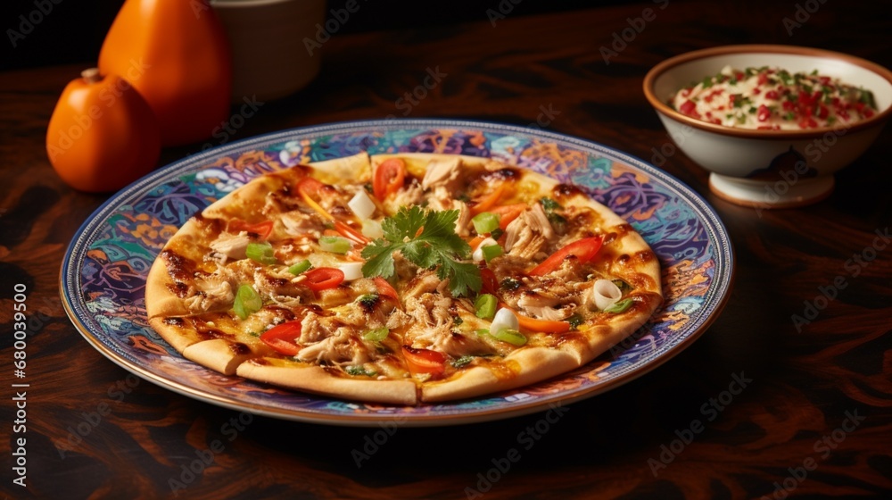 Thai Chicken Pizza displayed on a contemporary serving platter against a backdrop of vibrant Thai fabric, blending modern and traditional elements.