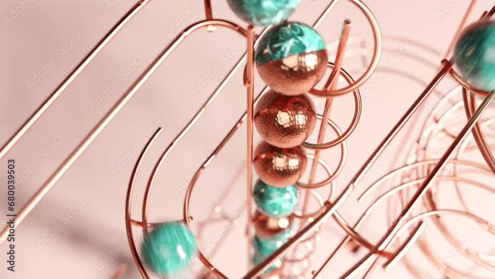 Artistic steel track marble run machine on plain background. Satisfying Copper rail rolling ball sculpture. 3d animation