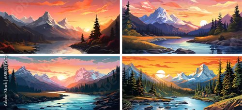peaceful dawn hiking panorama sunrise peak reflection horizontal scenery scene trees mountains 
